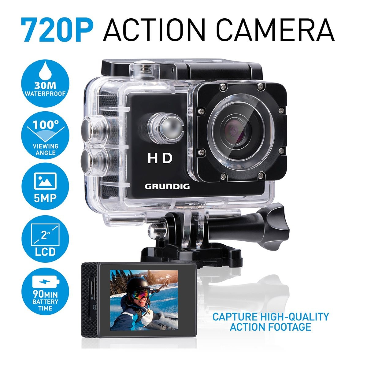 Una action camera Grundig 720P in custodia impermeabile, con icone funzionalità.