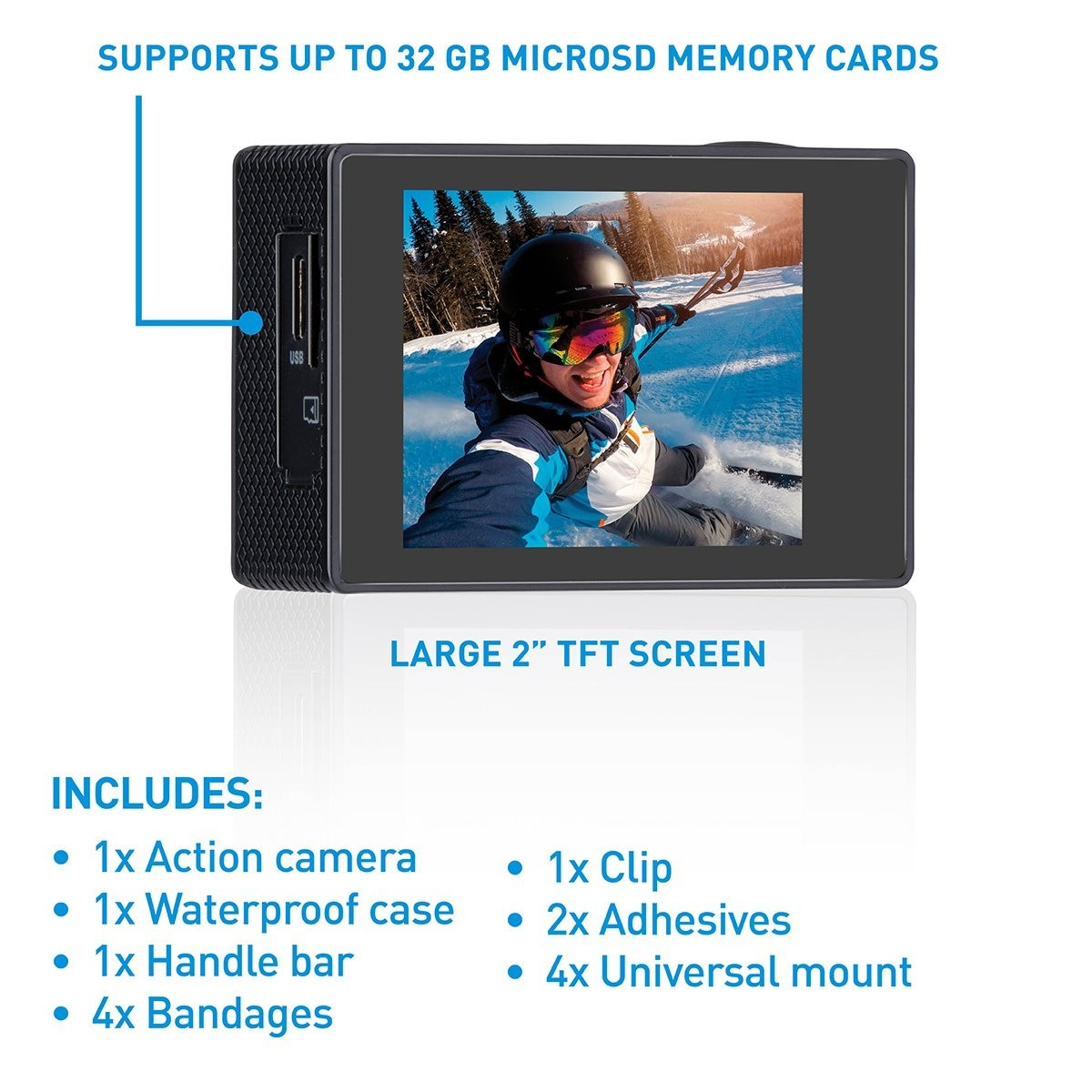 Action camera con sciatore sullo schermo, porta USB e elenco accessori.