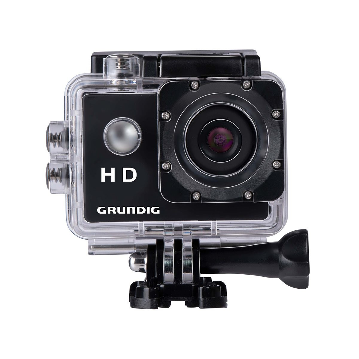 Una action camera Grundig HD nera in custodia impermeabile con supporto.