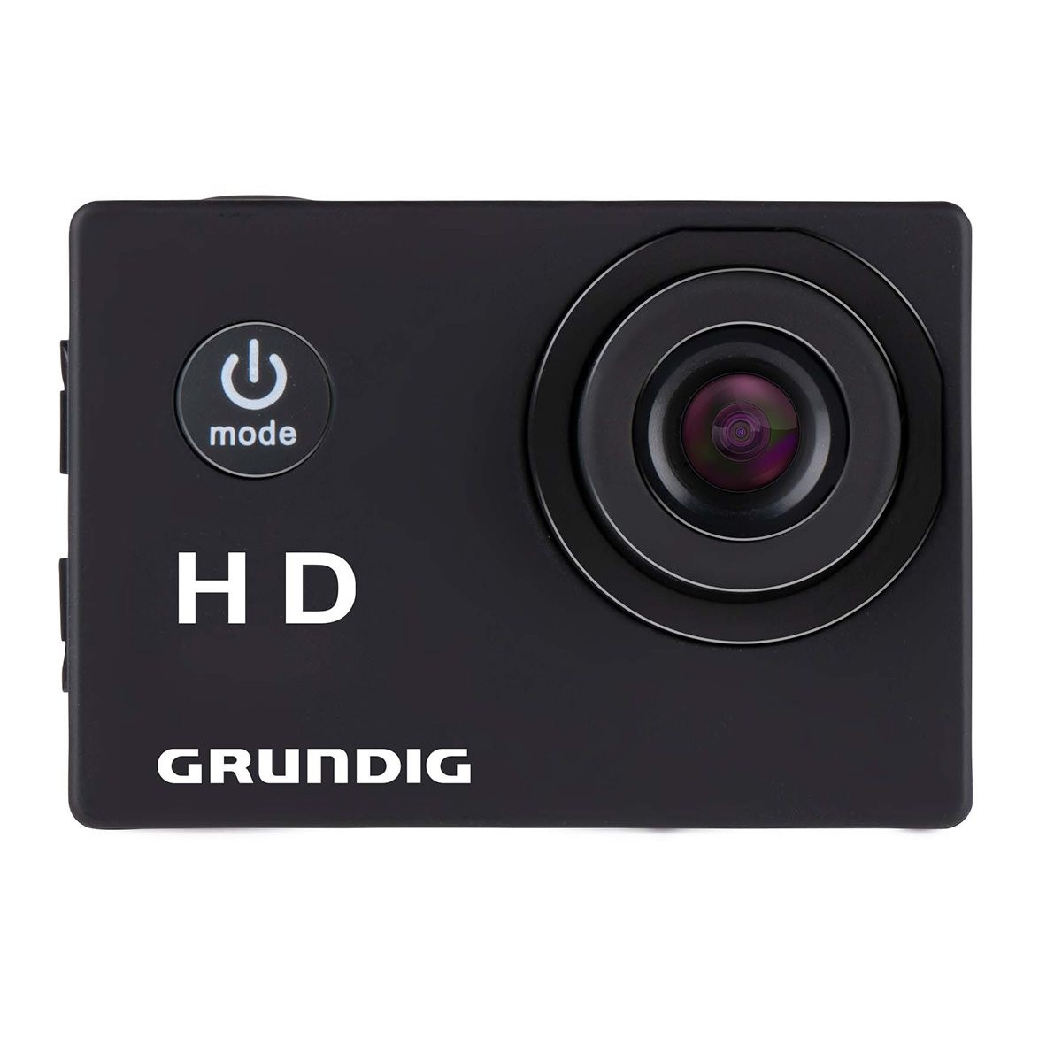 Telecamera d'azione Grundig HD nera con pulsante modalità e lente.