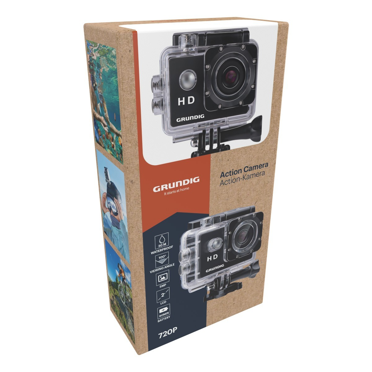 Confezione action camera Grundig con immagini del prodotto e specifiche.