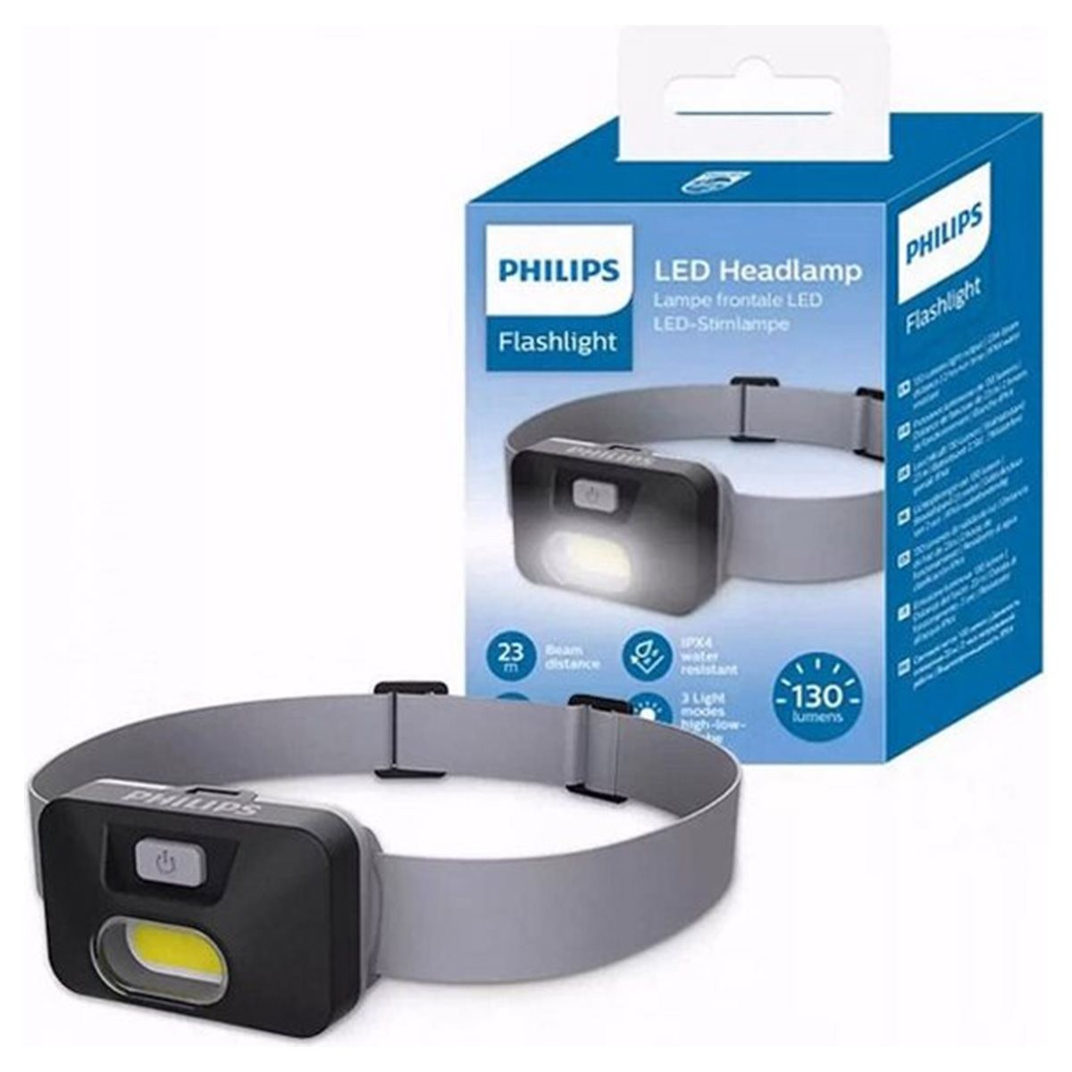 Philips LED Stirnlampe mit Band, Produktverpackung im Hintergrund.