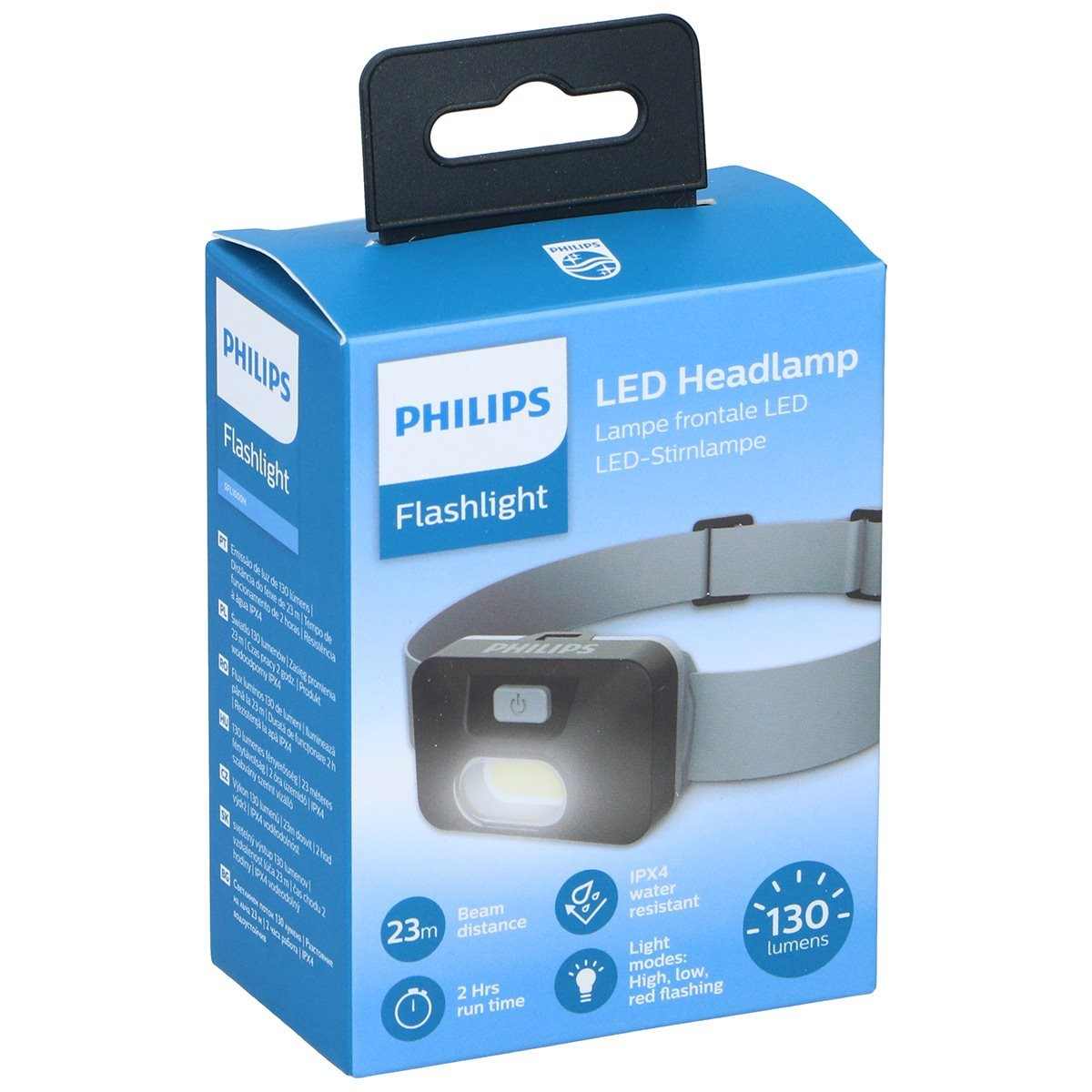 Philips LED Stirnlampe Verpackung mit Bild der Lampe, 130 Lumen, 23m Reichweite, IPX4.