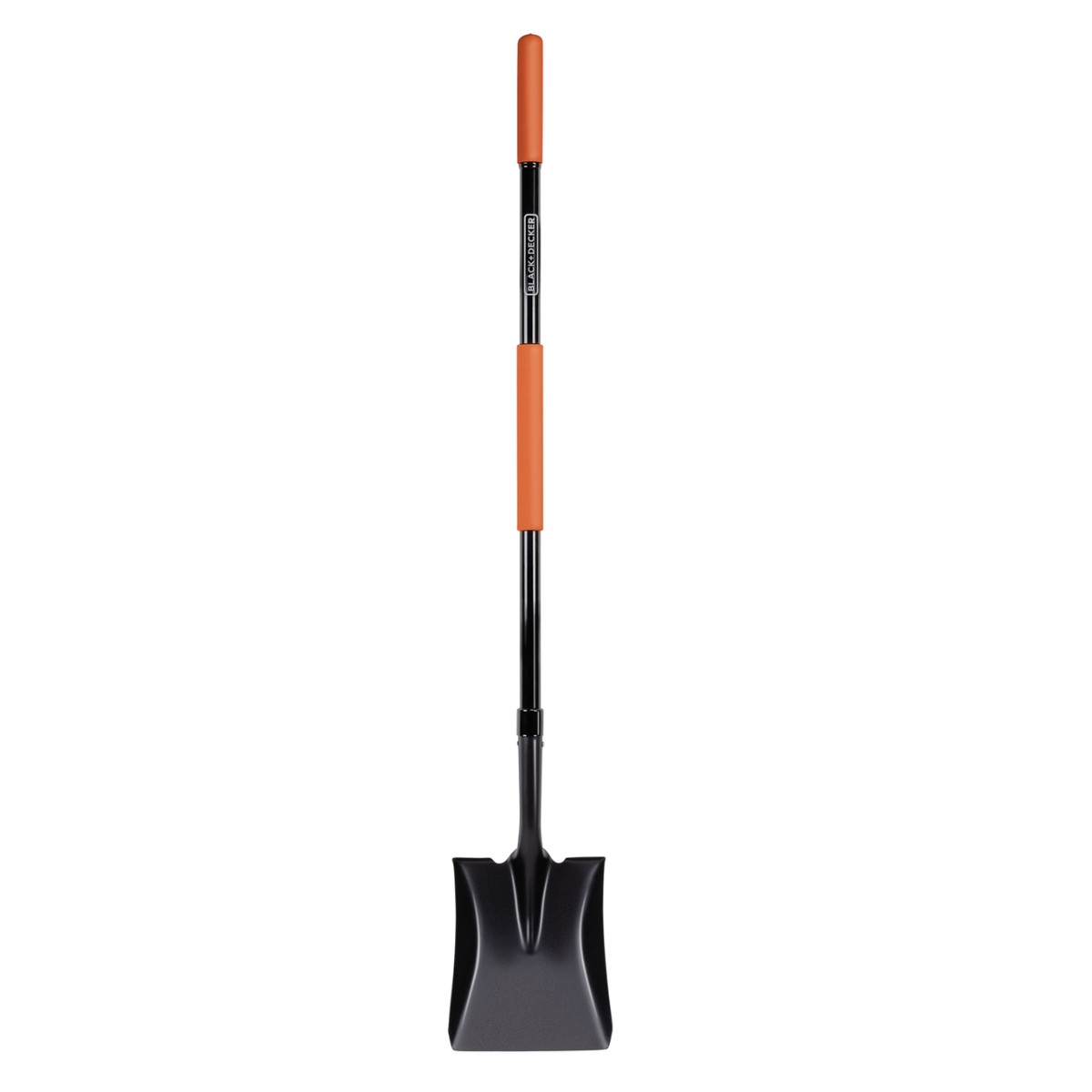 Black shovel with orange grips on a black handle.