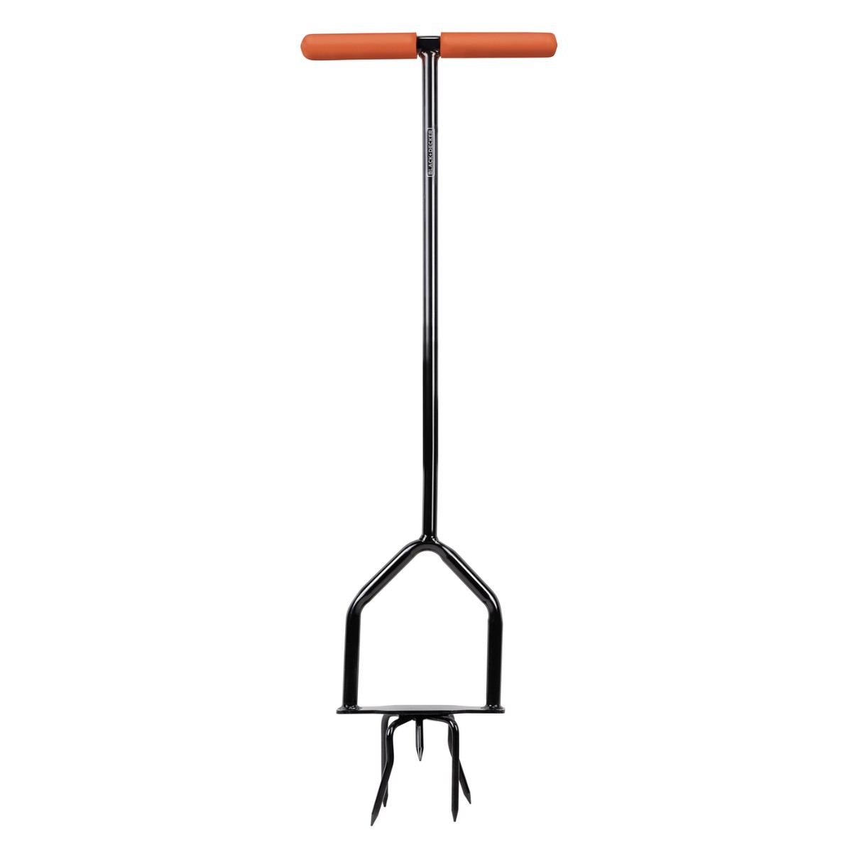 Black lawn aerator with orange T-handle and three tines.