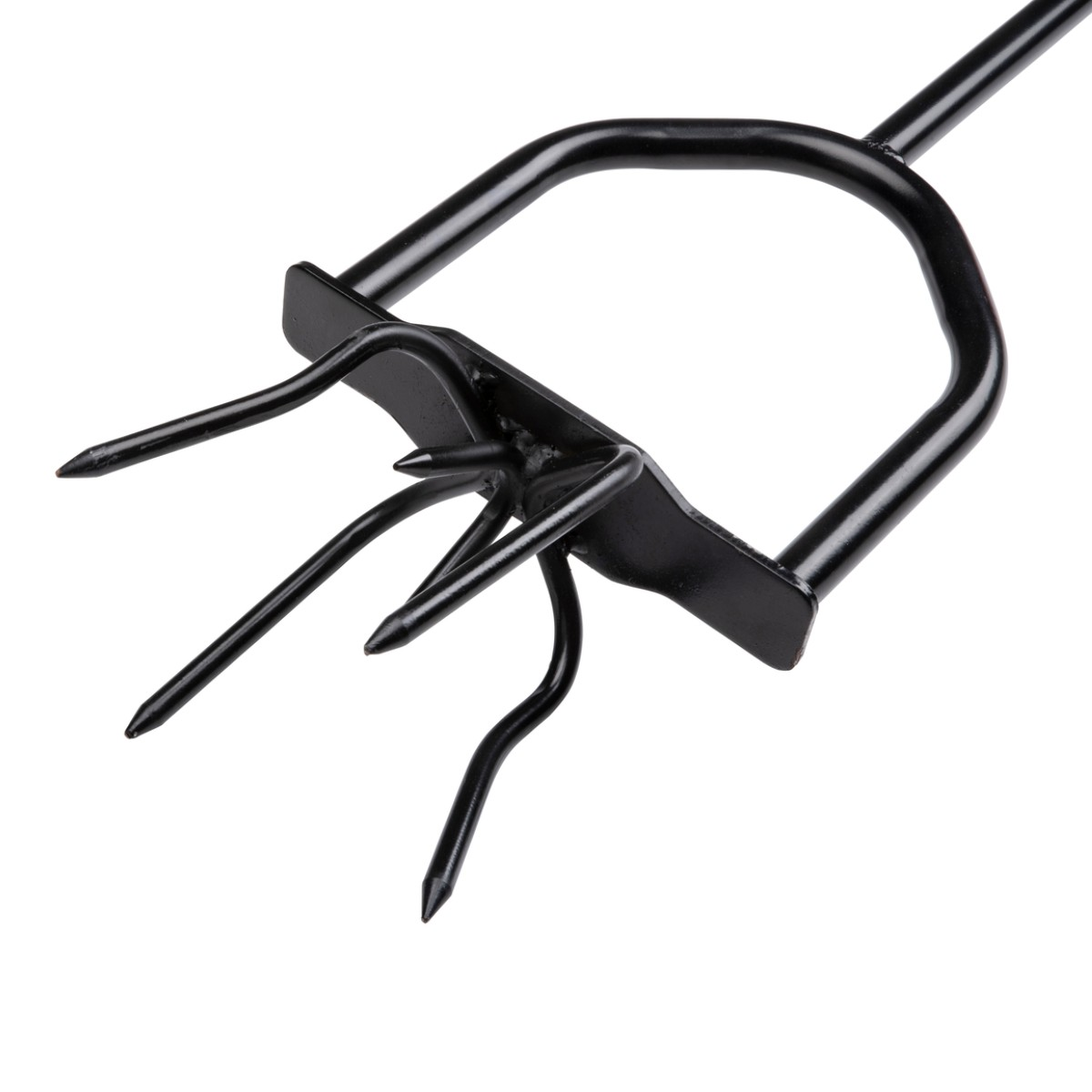 A black tool with multiple tines and a curved handle.