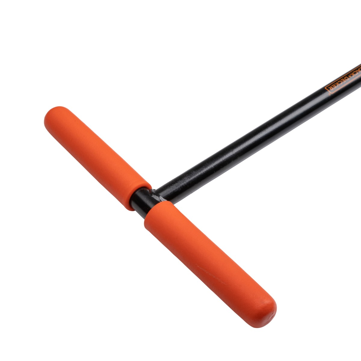 A black metal T-handle tool with orange grips on a white background.