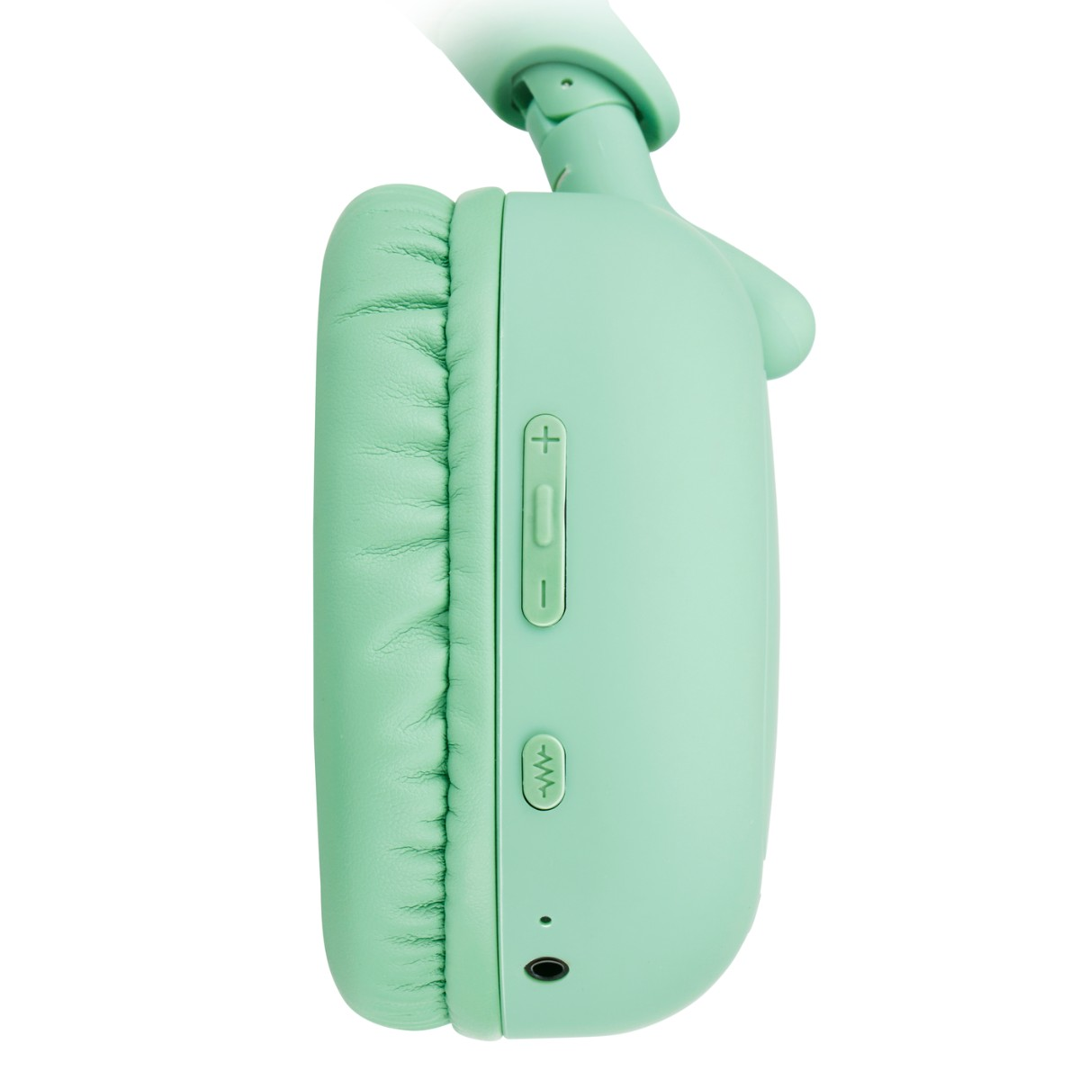 Un padiglione auricolare verde menta è mostrato di lato, con i pulsanti del volume e delle funzioni visibili lungo il bordo.
