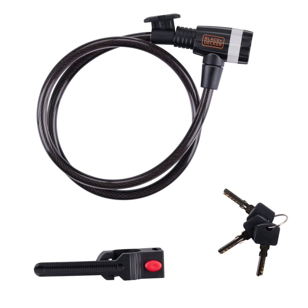 Black cable lock with three keys and a bracket, on a white background.