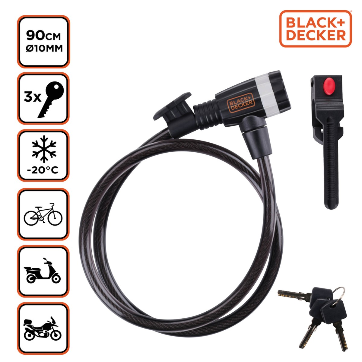 A black Black+Decker cable lock with 3 keys and mounting hardware shown.