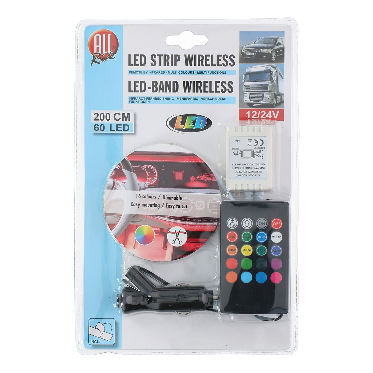 LED strip set met afstandsbediening, 200cm, 60 LEDs, 16 kleuren, 12/24V.