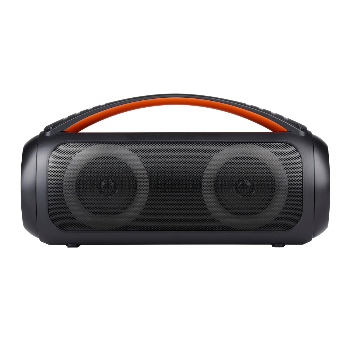 Haut-parleur portable noir avec poignée orange et deux grilles rondes sur fond blanc.