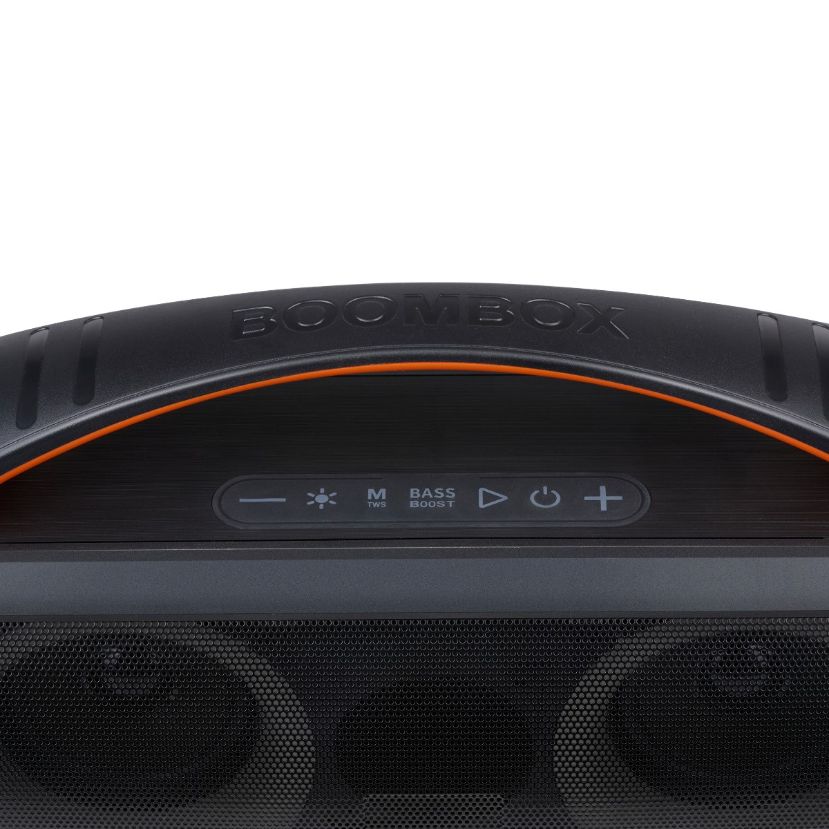 Haut-parleur Boombox noir avec accent orange et boutons de commande.