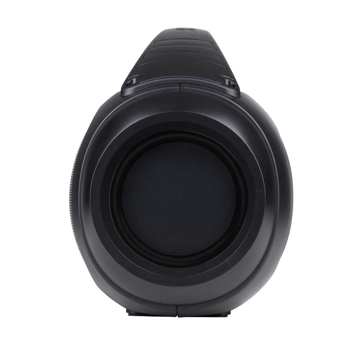 Haut-parleur portable noir avec rainures et une grille de haut-parleur ronde.