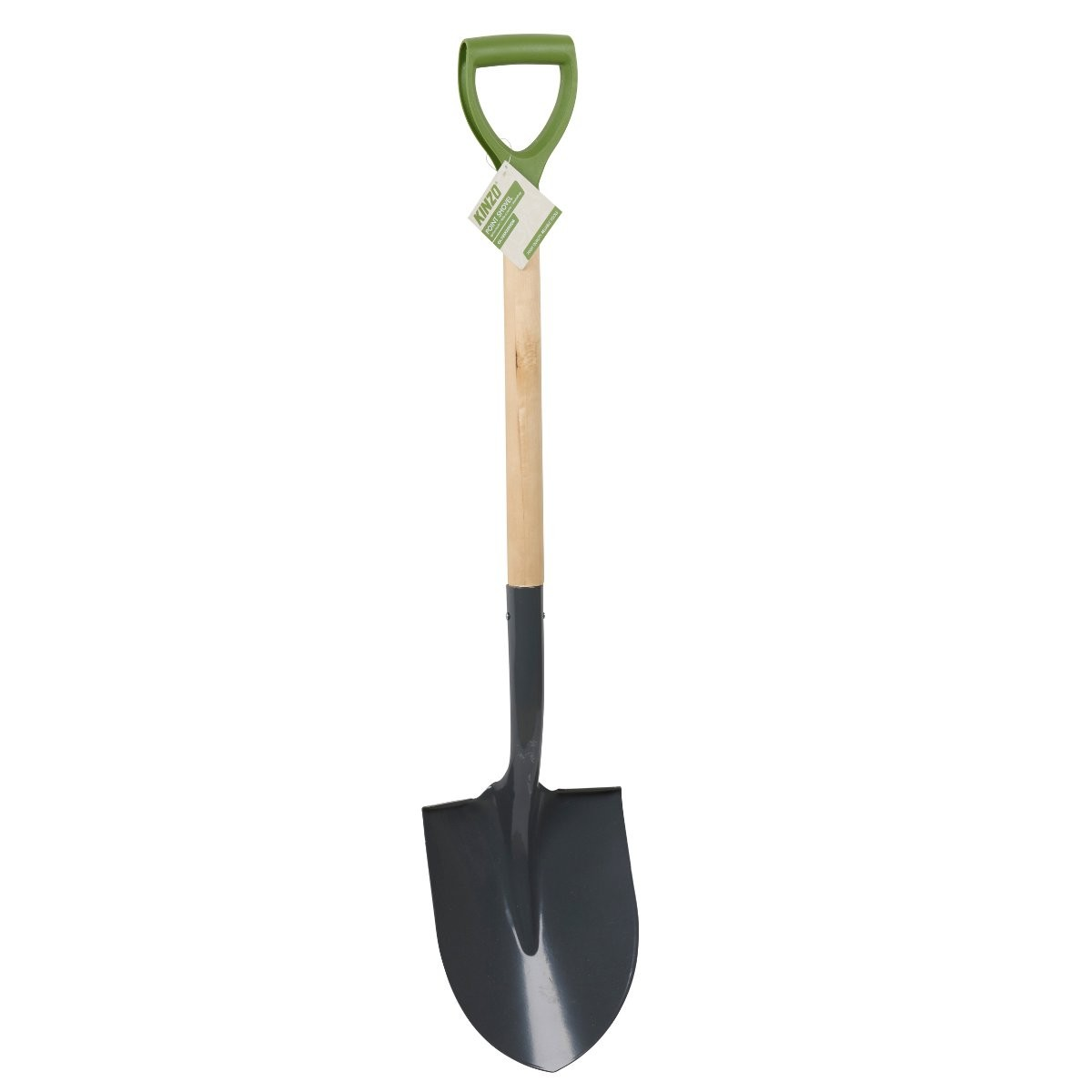 Une pelle avec un manche vert, un manche en bois et une lame sombre.