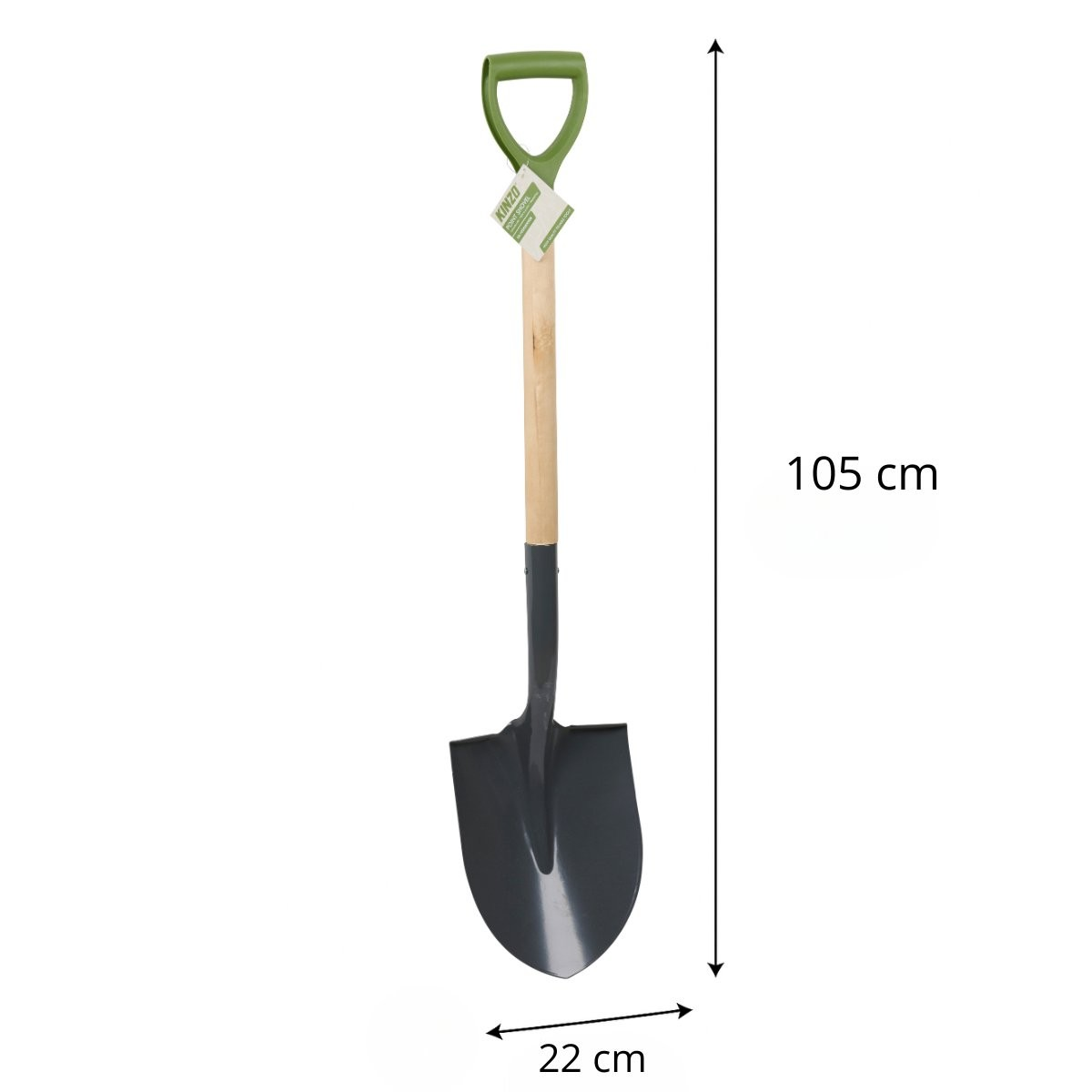 Pelle avec manche vert et manche en bois, 105 cm de long, 22 cm de large.