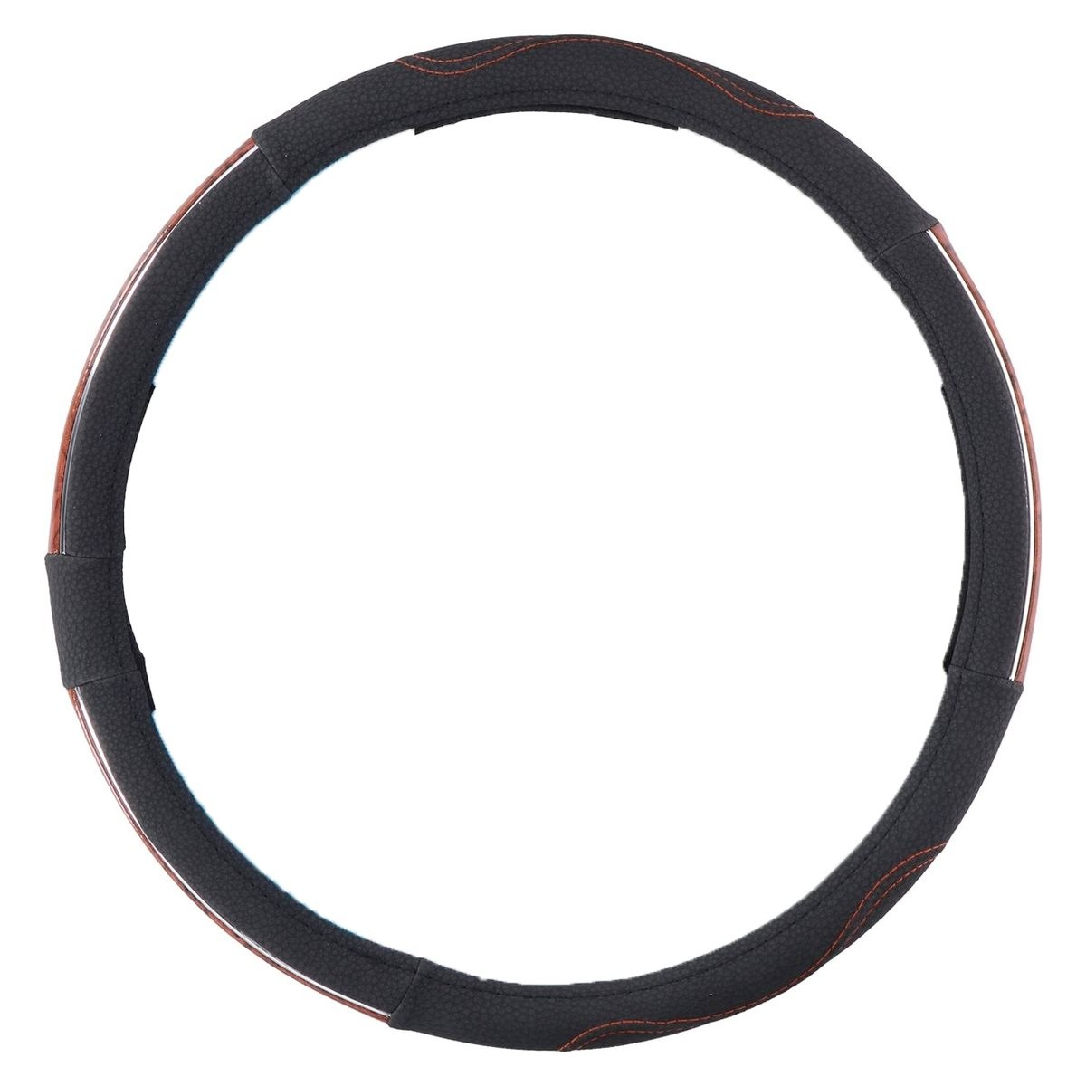 Black steering wheel cover with faux wood accents and orange stitching.