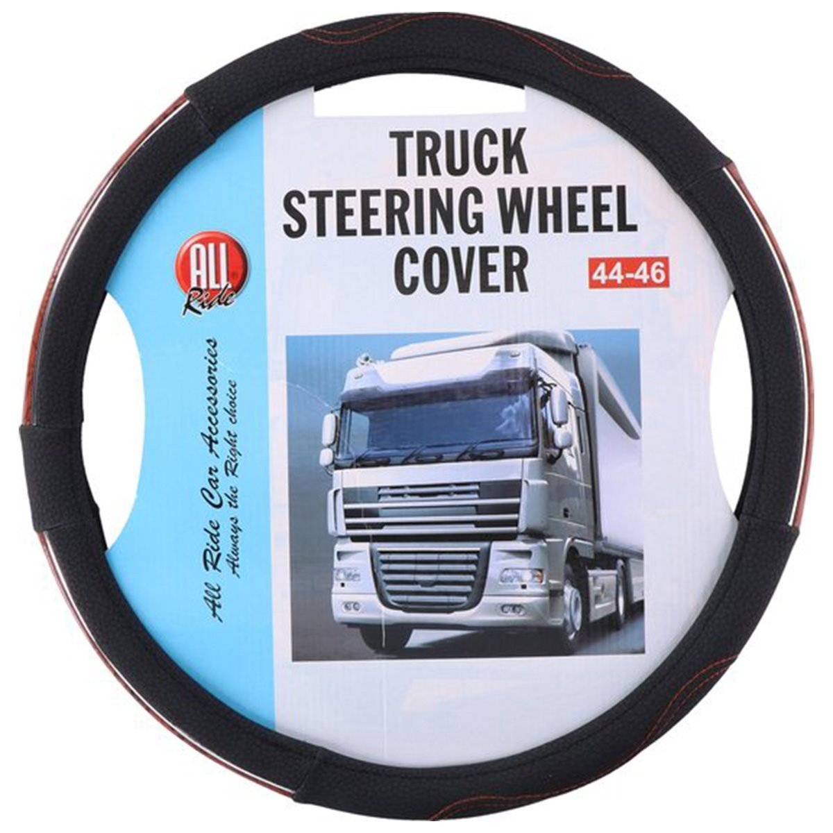 Black truck steering wheel cover with red stitching, showing a silver truck on packaging.