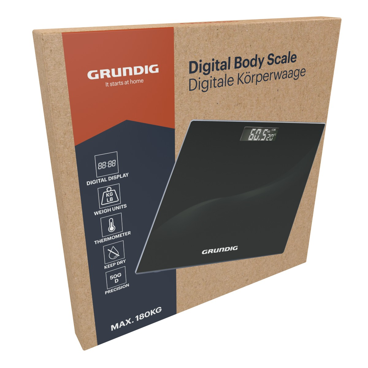 Boîte d'une balance corporelle numérique avec logo Grundig et caractéristiques.