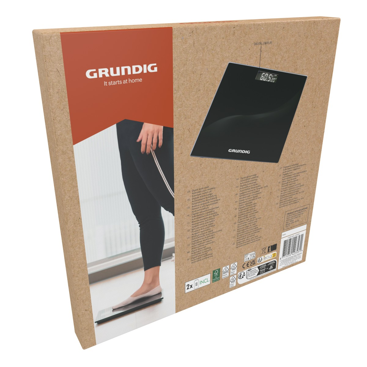 Emballage de balance numérique Grundig avec une personne sur la balance et specs produit.