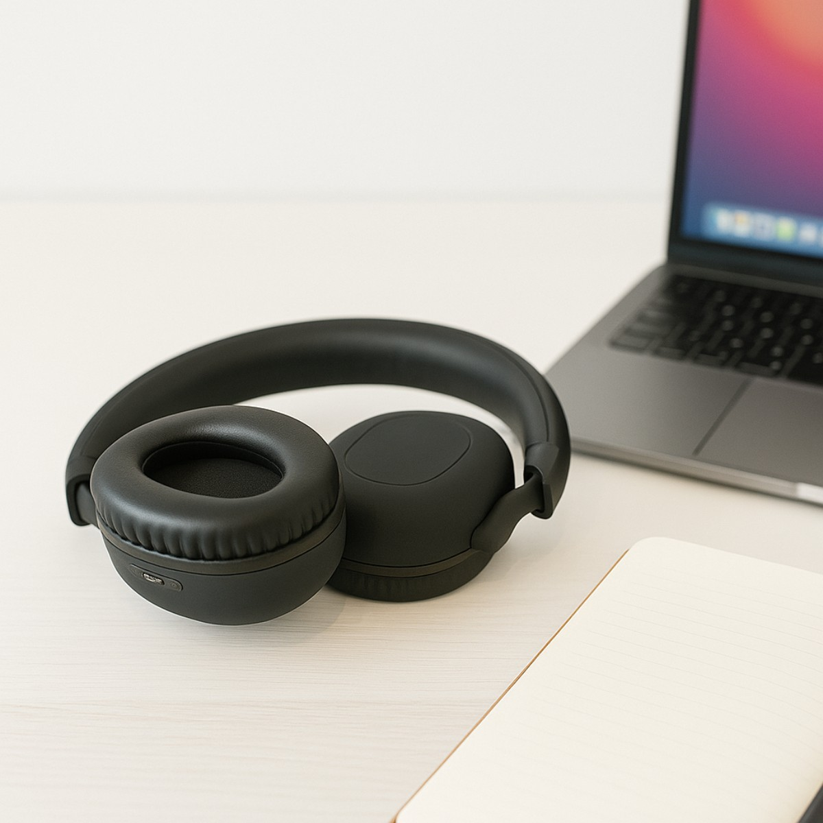 Schwarze Over-Ear-Kopfhörer liegen auf einem weißen Schreibtisch neben einem geöffneten Laptop und Notizbuch.