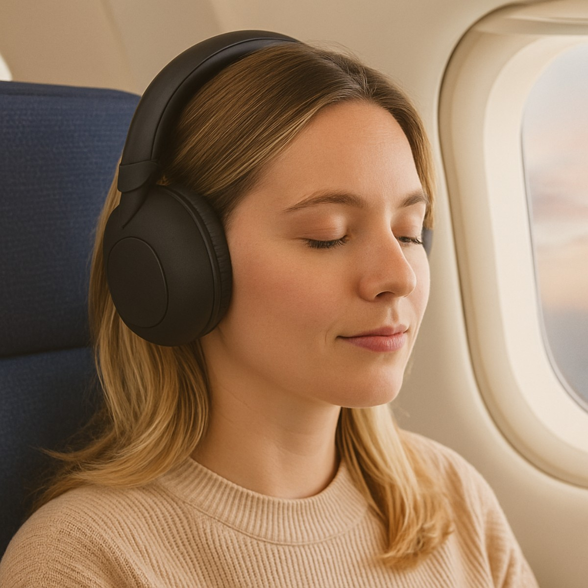 Eine Frau mit Kopfhörern sitzt im Flugzeug und schließt die Augen.