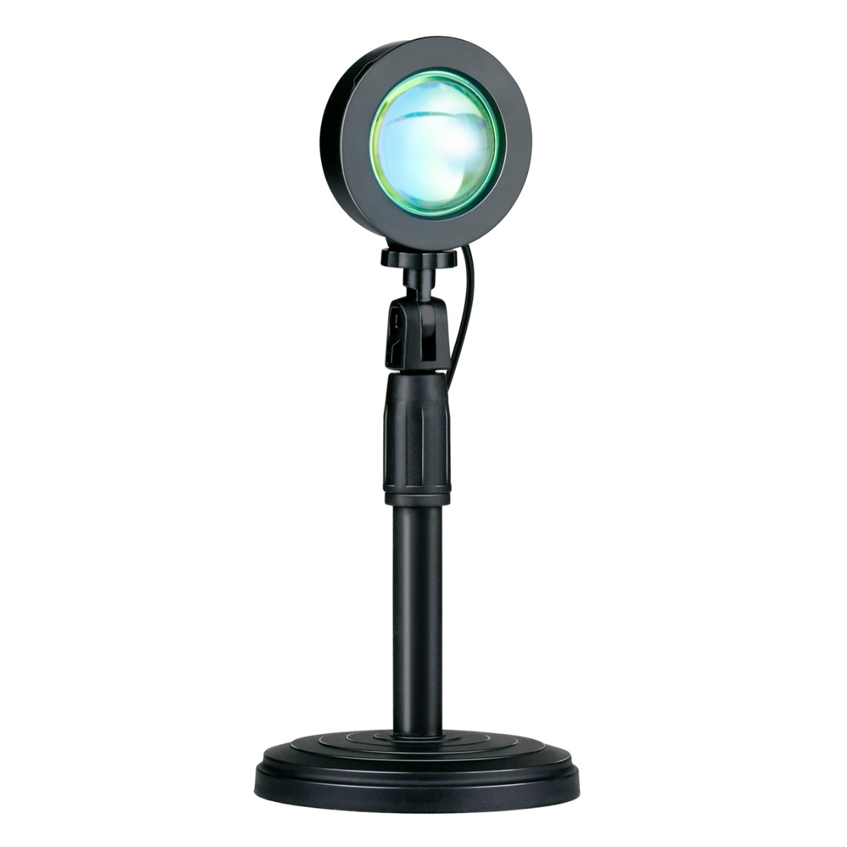 Een zwarte lamp met ronde kop die blauwgroen licht uitstraalt op een standaard.