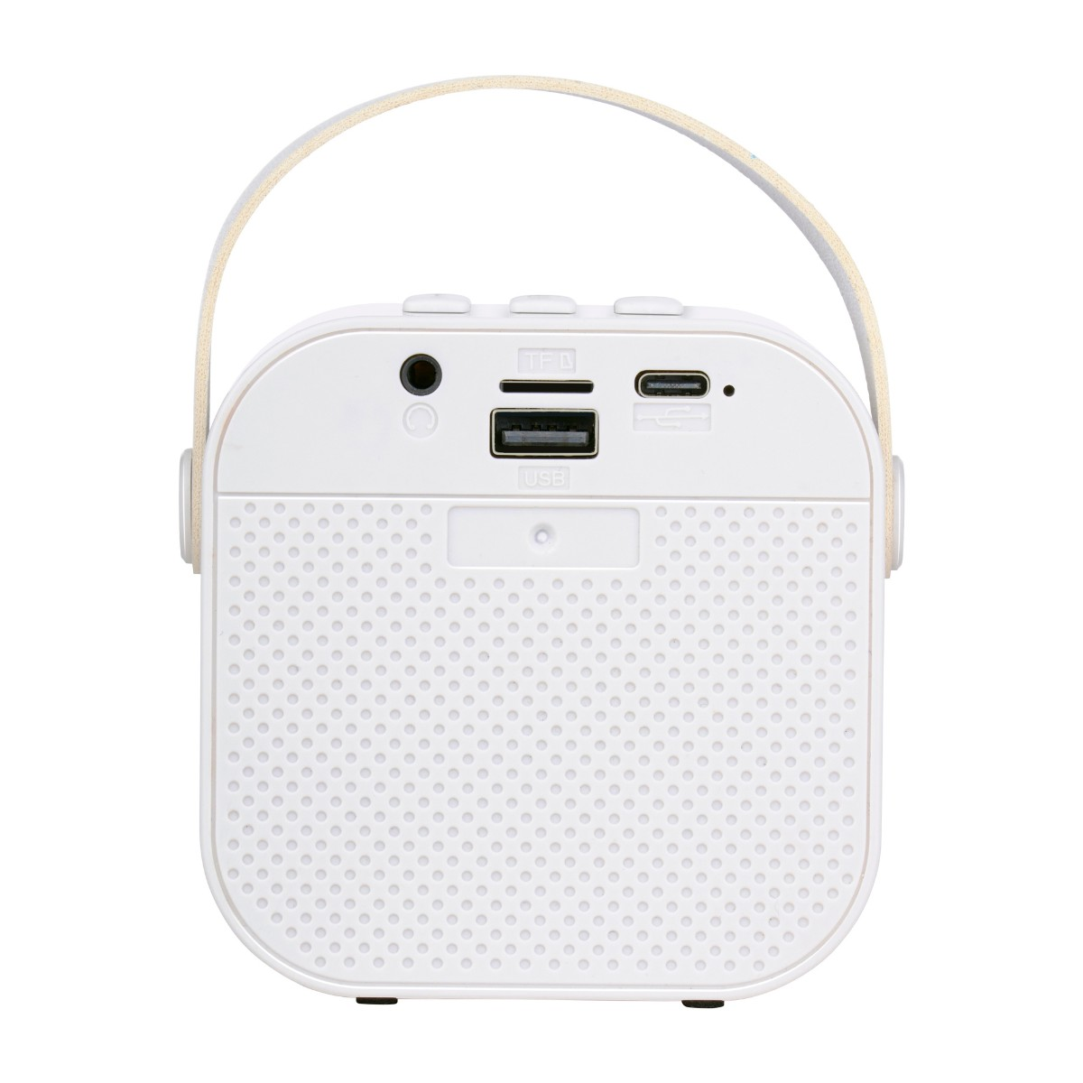 Altoparlante bianco con manico, porte USB, TF e AUX.