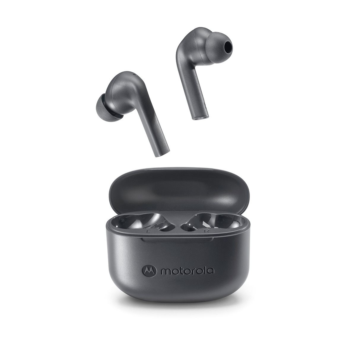 Auricolari Motorola grigio scuro fluttuano sopra una custodia di ricarica aperta.