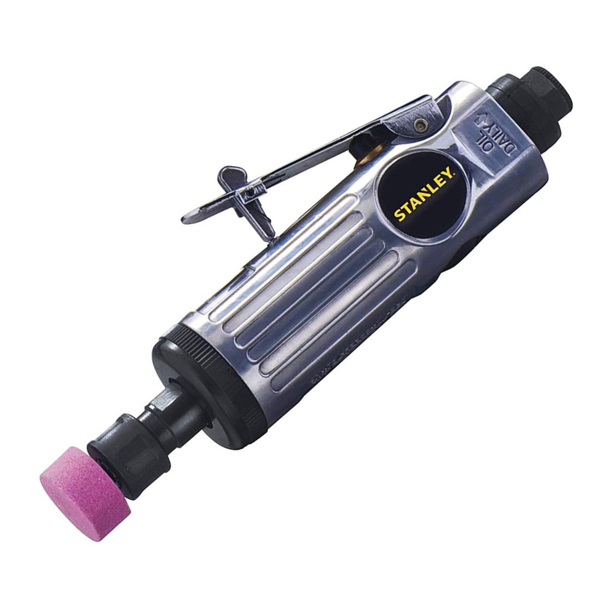 Smerigliatrice pneumatica argentata con pietra rosa e logo Stanley.
