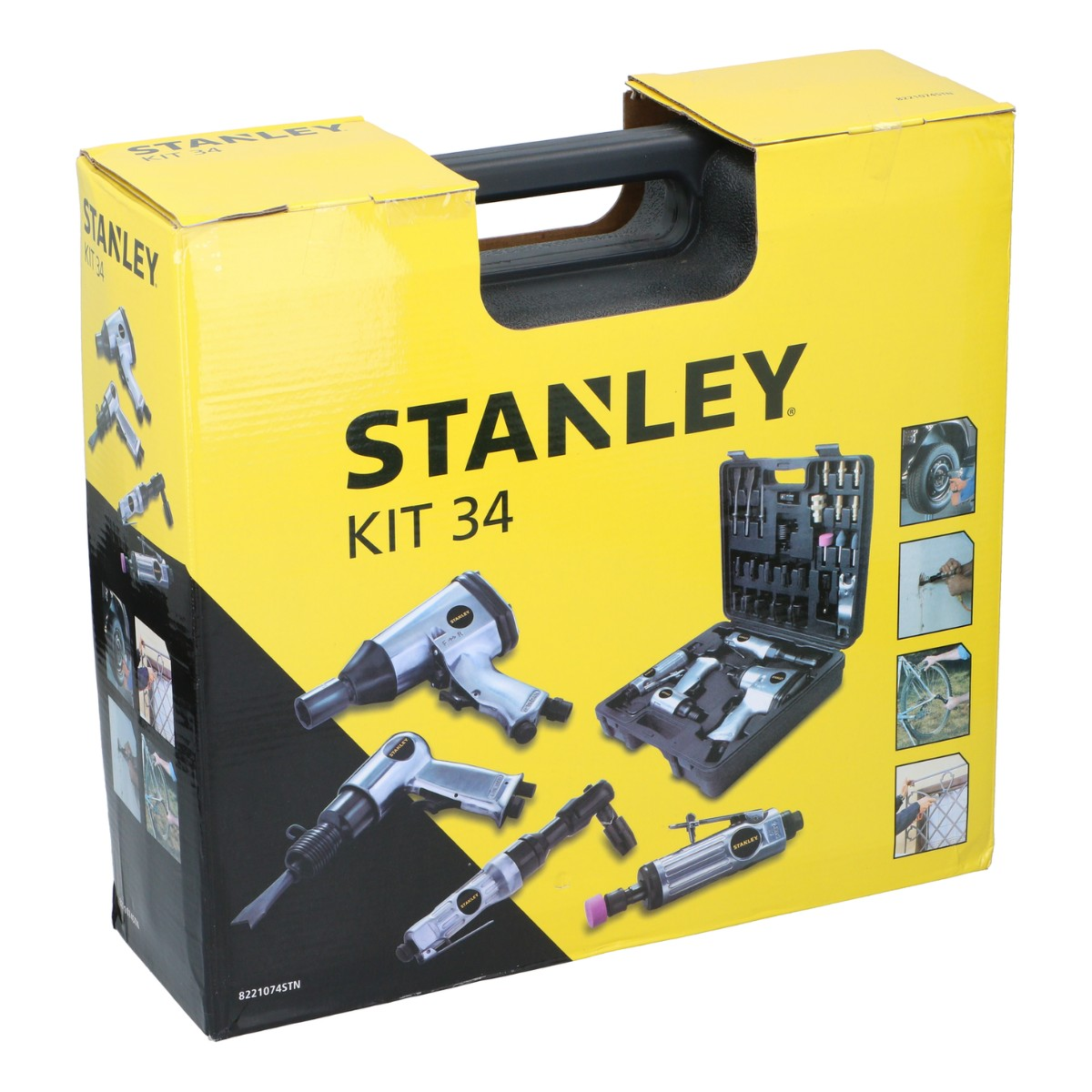 Cassetta attrezzi Stanley Kit 34 con utensili pneumatici e accessori su confezione gialla.