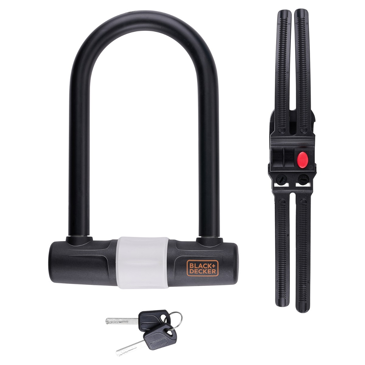 Black U-lock bike lock with mount and keys on a white background.