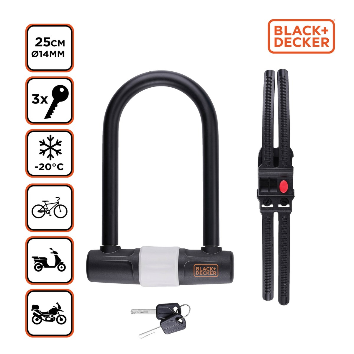 Black U-lock with 3 keys, bike mount, and specs: 25cm, 14mm, -20°C, bike, scooter, motorcycle.