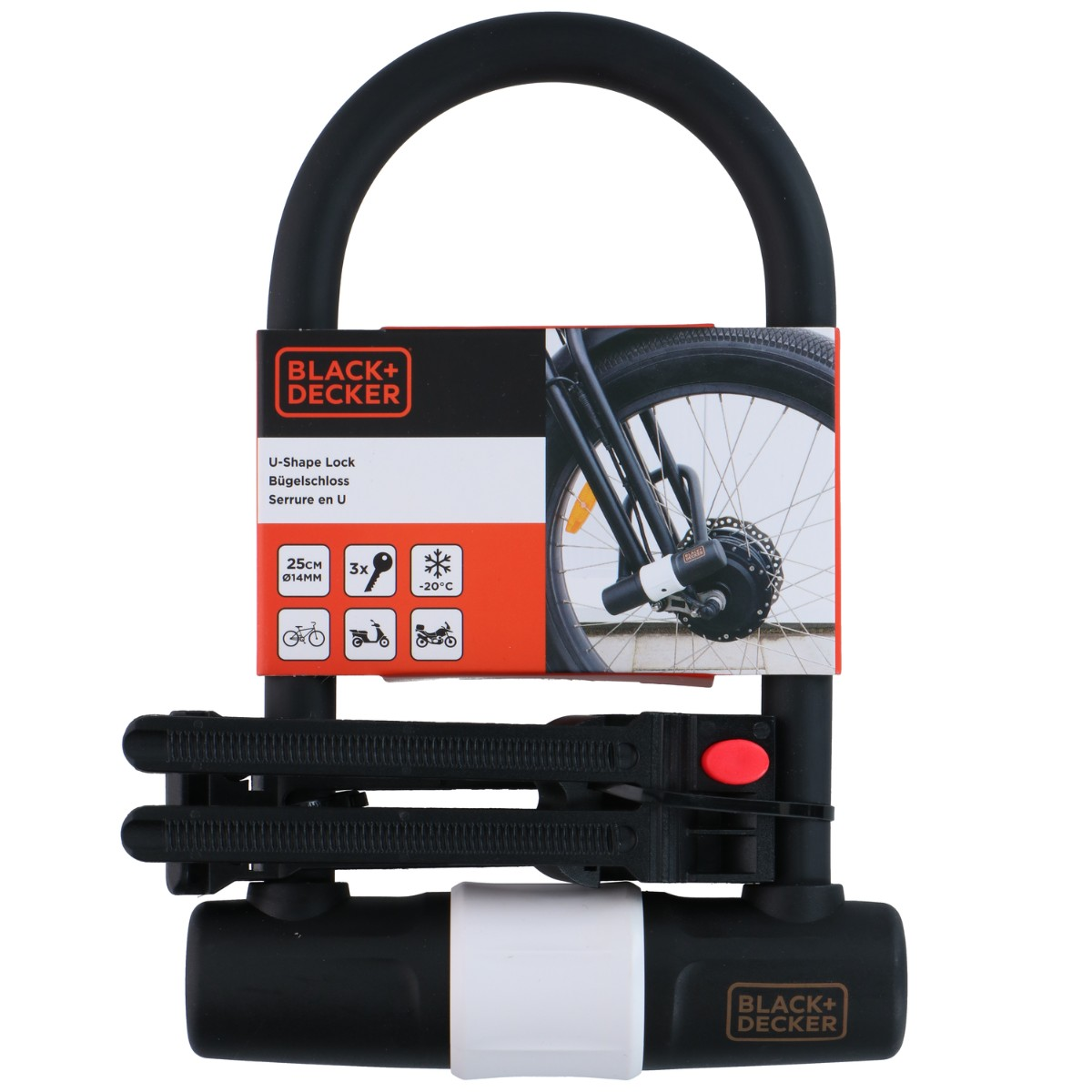 Black U-lock by Black+Decker with a bicycle wheel in the background.