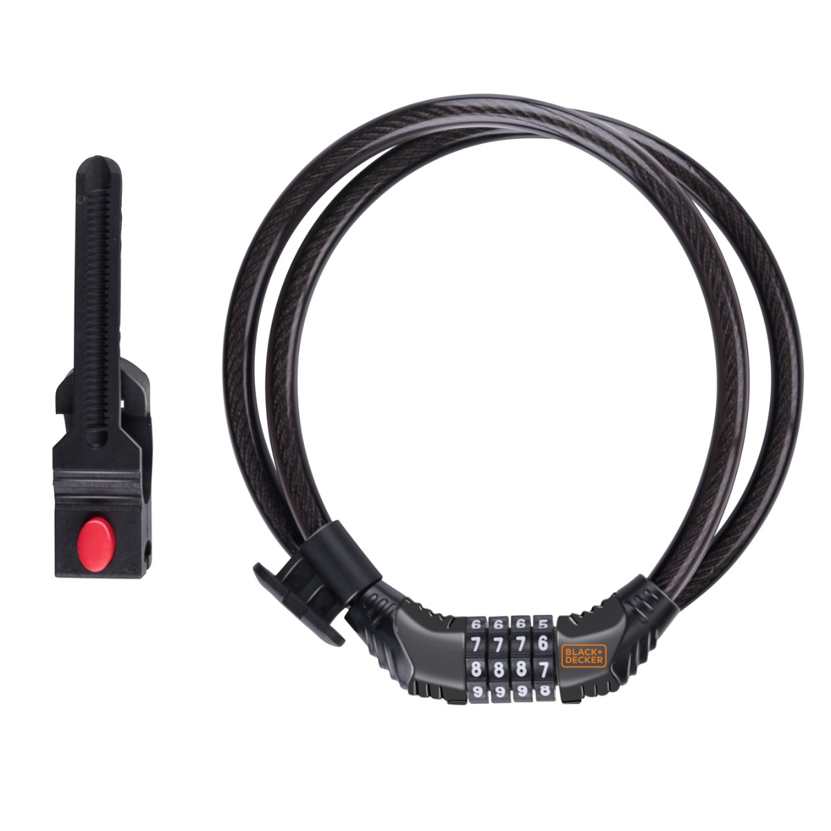 Black cable lock with combination dial and red button, on white background.