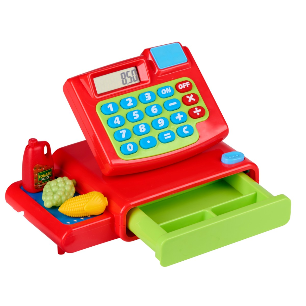 Une caisse enregistreuse jouet rouge avec clavier vert, boutons bleus, écran affichant "8.50" et tiroir-caisse vert.