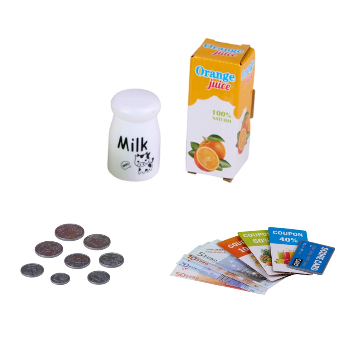 Bouteille de lait, brique de jus d'orange, pièces et billets en euros avec coupons.