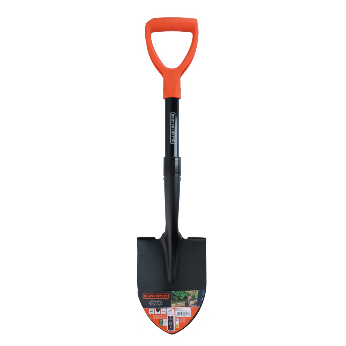 Black shovel with orange D-handle and black shaft.