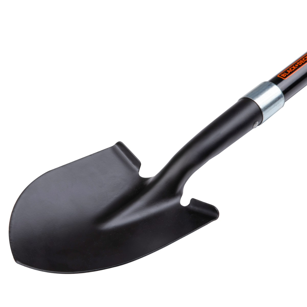 A black shovel with a metal ferrule and orange text on the handle.