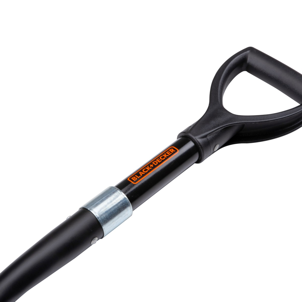 Black shovel handle with orange Black+Decker logo and metal ring.