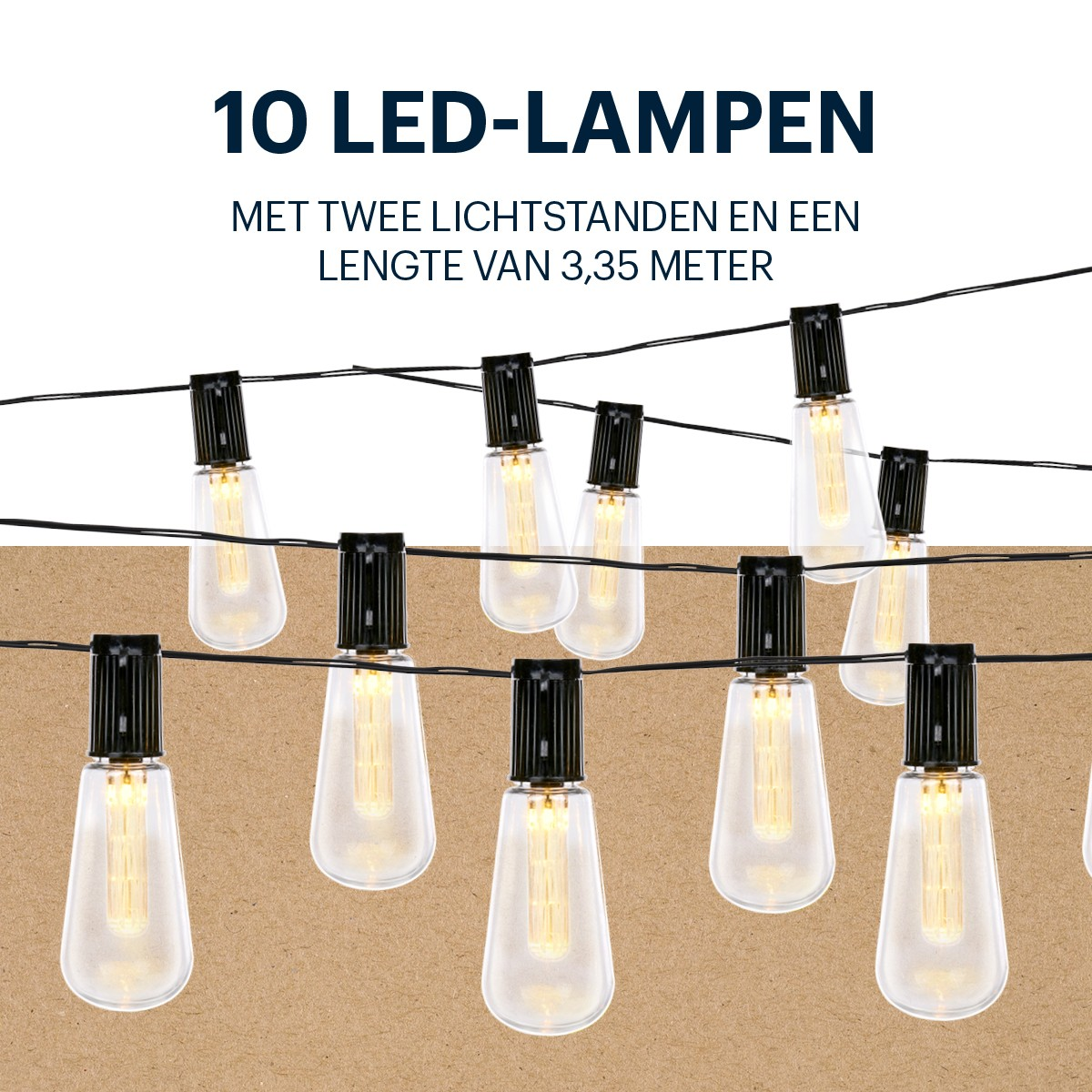 10 LED-lampen met zwarte voet hangen aan zwarte draden, lampen branden.