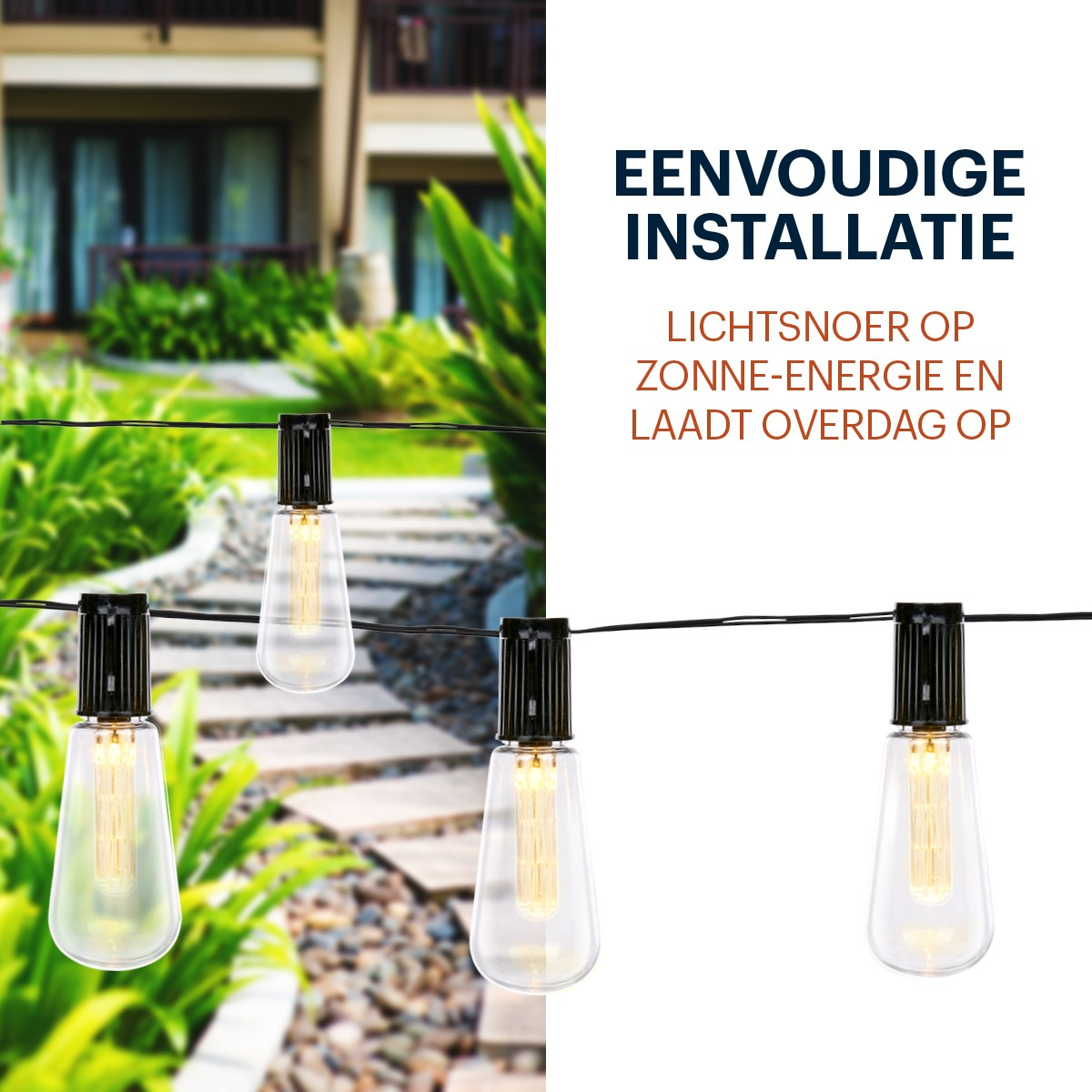 Lichtsnoer met lampen voor een huis en groen. Eenvoudige installatie.