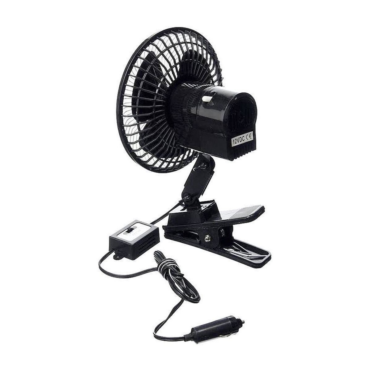 Un ventilateur de camion noir 12V avec base à clip et prise allume-cigare.