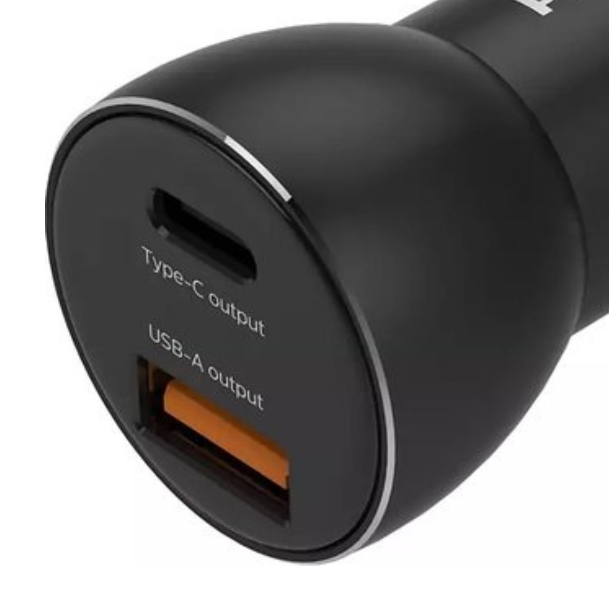 Un chargeur de voiture noir avec ports USB-A et USB-C.