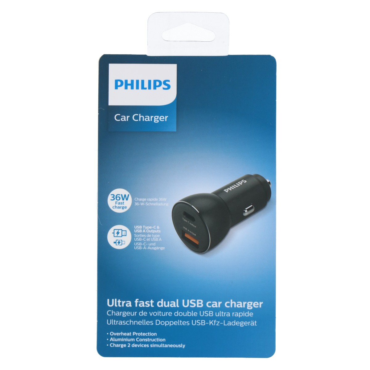 Chargeur de voiture USB double Philips 36W avec sorties Type-C et USB-A.