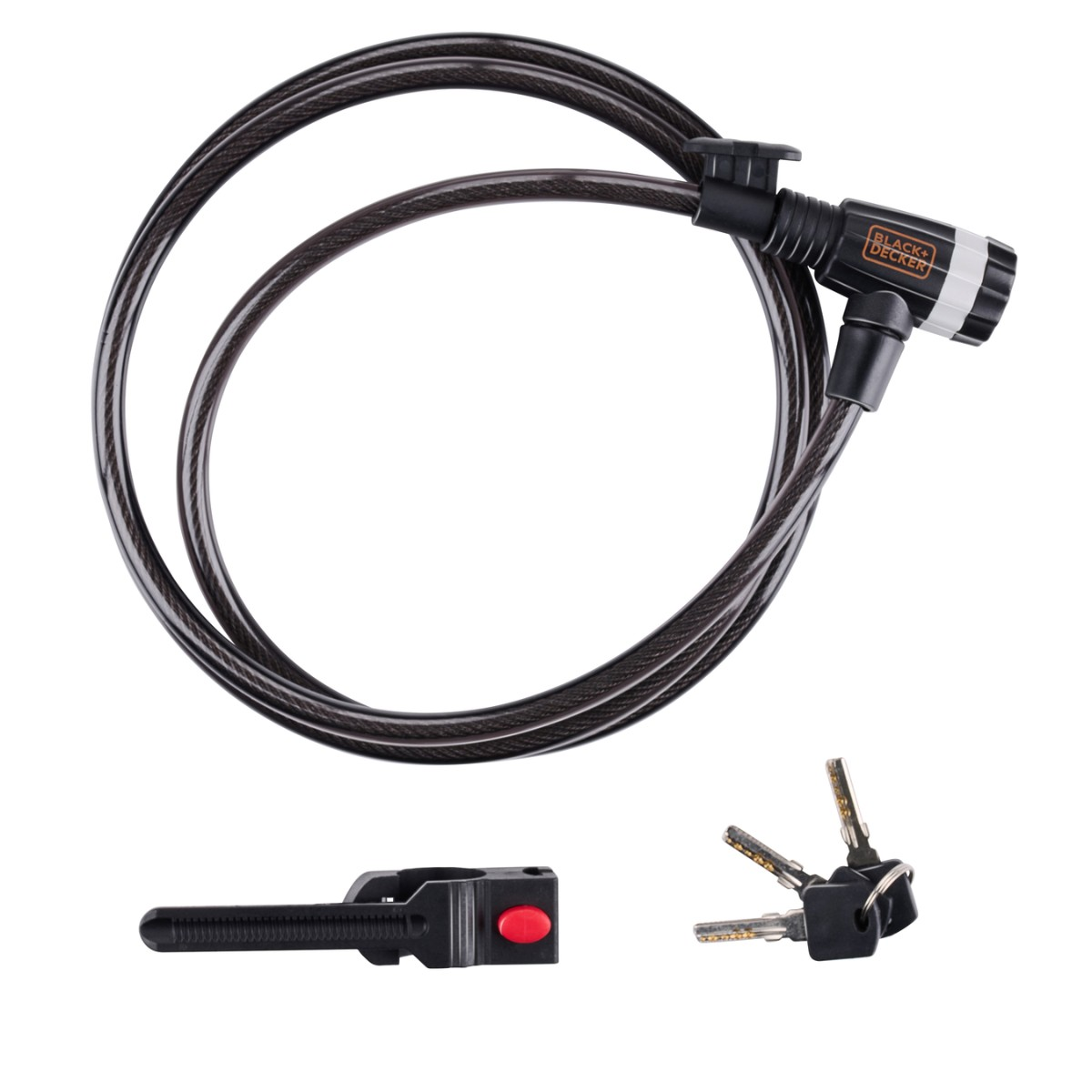 Black+Decker black cable lock with 3 keys and mounting bracket.