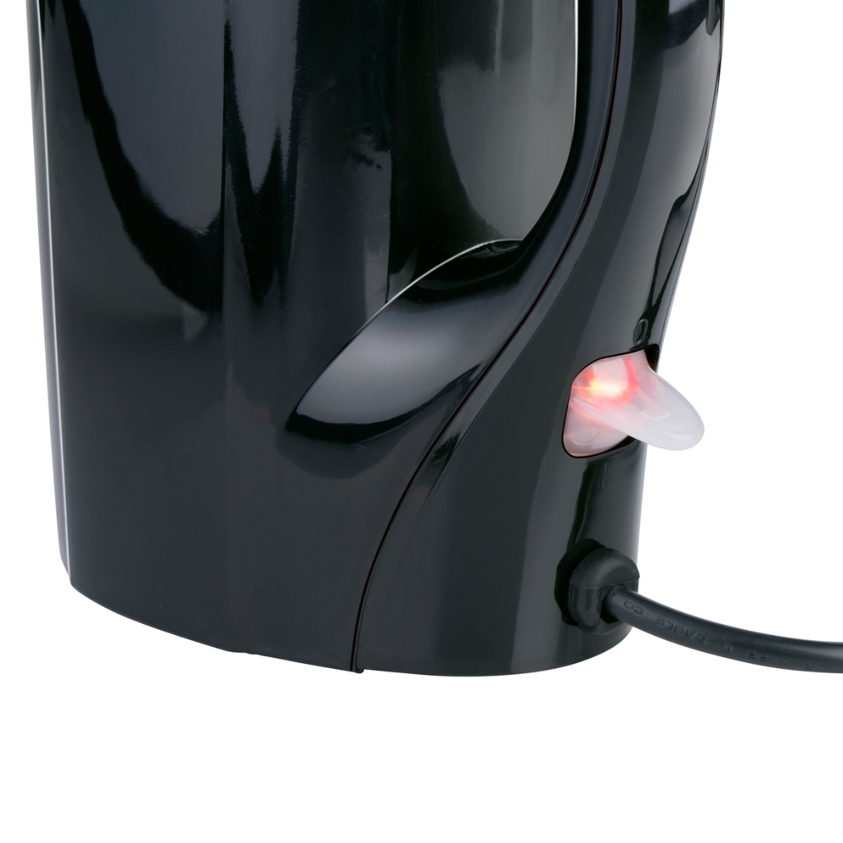 Bollitore nero con interruttore illuminato e cavo.