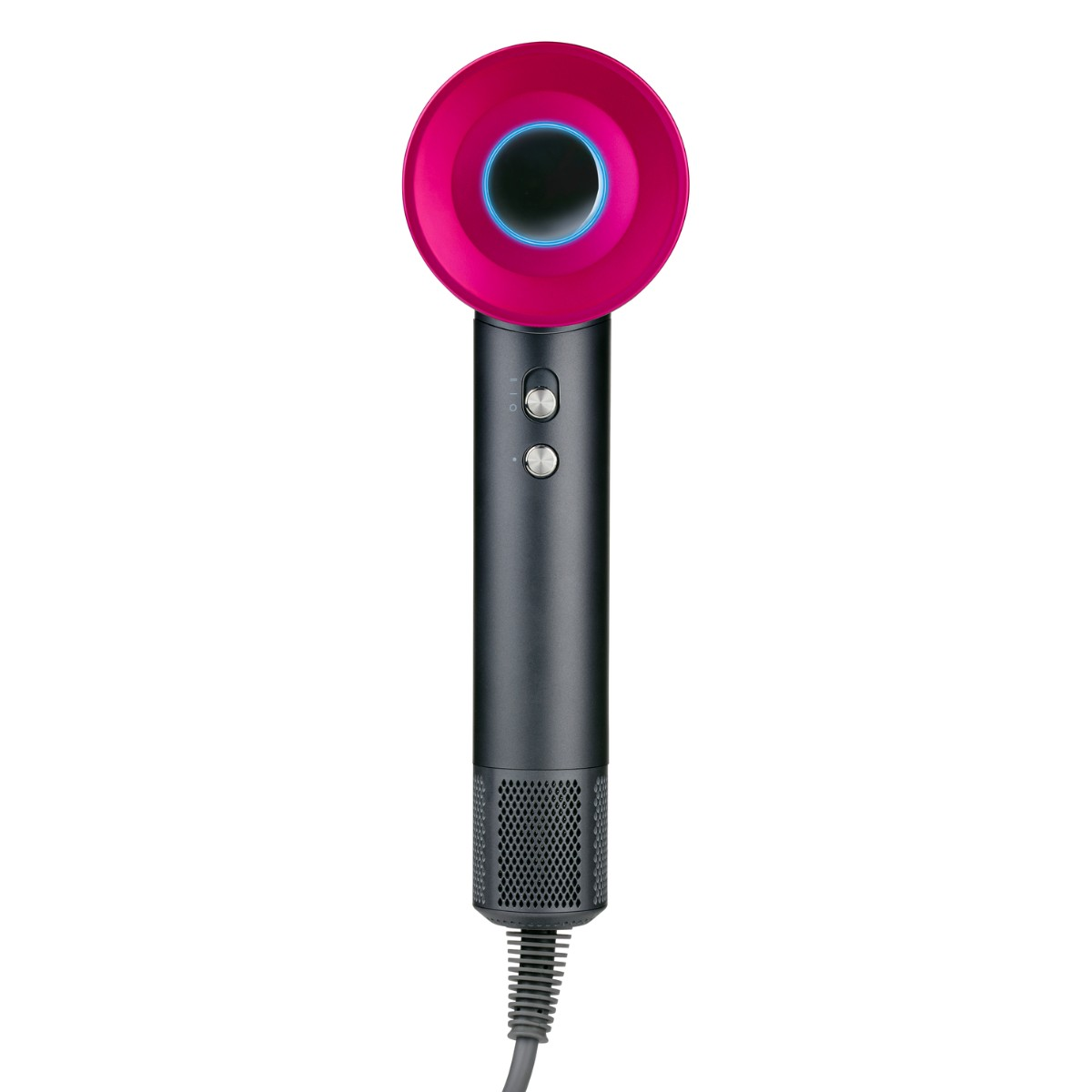 Un asciugacapelli rosa con pulsanti argentati e manico nero.