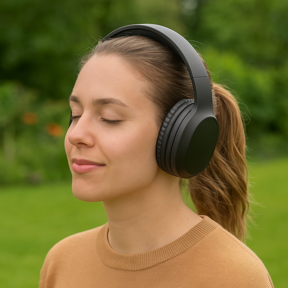 Une jeune femme les yeux fermés écoute de la musique avec un casque noir.