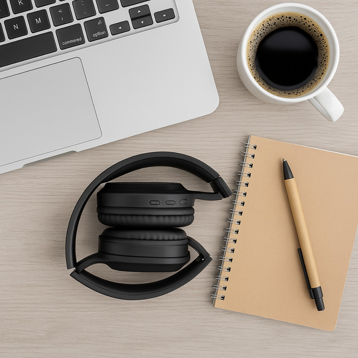 Un ordinateur portable, des écouteurs, un carnet et un café sur un bureau en bois.